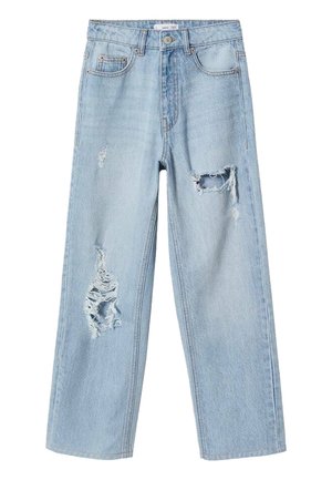 Lyseblå denimjeans med lige ben, med slidte pletter og frynsete kanter, fem-lomme-design og knaplukning.