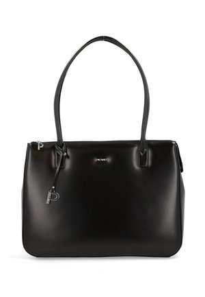 Schwarze Lederhandtasche mit zwei Schulterriemen, einem silbernen Reißverschluss oben und einem kleinen silbernen Logoanhänger am Griff.