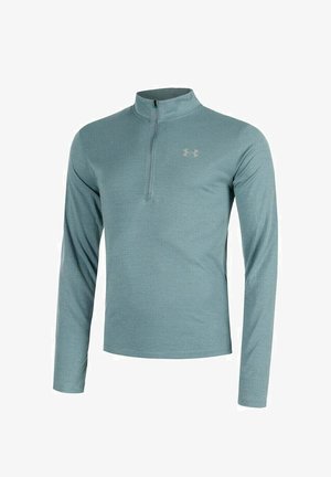 Turquoise lange mouw pullover met een kwart-ritssluiting bij de hals, gemaakt van een gestructureerde stof, met een klein logo op de linkerborst.