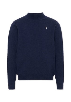 Granatowy sweter z długim rękawem, z prążkowanymi mankietami, dołem i kołnierzem, z małym białym haftowanym logo na lewej piersi.