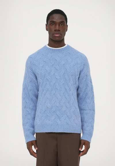 Pull en tricot bleu clair avec un motif en relief en torsades, col rond, poignets et ourlet côtelés. Confectionné dans un matériau doux.