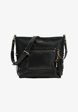 Sac à bandoulière en cuir noir avec une texture granulée, poche avant zippée, quincaillerie dorée et sangle réglable. Logo de la marque visible sur le devant.