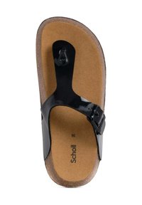 Sandalo in pelle verniciata nera con cinturino regolabile, soletta in sughero e insole in suede marrone. Nome del marchio "Scholl" stampato sulla soletta.