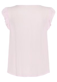 Helle rosa Bluse mit kurzen Rüschenärmeln, lockerer Passform und einem glatten Stoff mit rundem Ausschnitt.