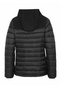 Giubbotto trapuntato nero con cappuccio, caratterizzato da sezioni trapuntate, texture liscia e polsini a coste. Il design posteriore è minimalista senza decorazioni.