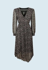 Svart blommig klänning med V-ringning, långa genomskinliga ärmar och plisserad kjol. Har små rosa och vita blommor mot en mörk bakgrund.