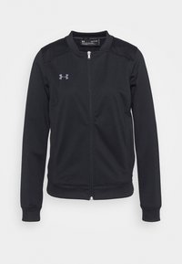 Black zip-up jacket made of smooth, stretchy fabric. Features a ribbed collar, long sleeves, and logo detailing on the chest.