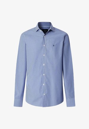Modrá a bílá malá kostkovaná pánská košile s dlouhým rukávem, zapínáním na knoflíky a límečkem, s malým vyšitým logem na hrudi.