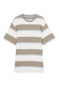 Korte mouw crewneck T-shirt met horizontale strepen in beige en wit, met dunne lichtblauwe accenten. Gemaakt van textiel katoen.