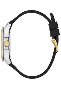 Boîtier de montre en argent avec un bouton d'accent en or, bracelet en caoutchouc noir et lunette texturée détaillée. Design de fermoir unique avec du matériel en ton or.
