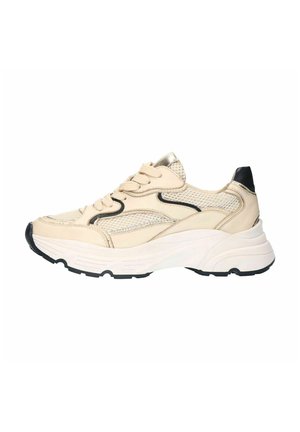 Beige Sportlich Sneaker aus Mesh- und Leder-Materialien, mit schwarzen Akzenten, einer abgerundeten Zehenpartie und einer klobigen weißen Sohle.