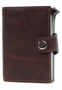 Brown leather wallet with textured finish, snap closure, visible stitching, and a metallic button accent. Holds cards securely inside.
