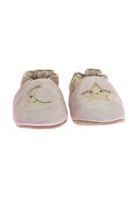Chaussures pour bébé en tissu beige avec des ouvertures élastiques. Présentent un design en forme de croissant de lune et d'étoiles dans des couleurs douces avec des visages souriants. Texture semblable au daim.