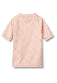 Kortärmad, rosa rash guard med blommönster. Slät, lätt material med hög halsringning och plattlockssömmar.