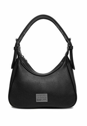 Schwarze Leder-Umhängetasche mit verstellbarem Riemen und metallener G-Star Originals RAW Logo-Plakette auf der Vorderseite.