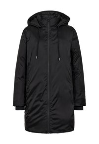 Zwarte gewatteerde parka met capuchon, heeft een ritssluiting aan de voorkant, trekkoorden en twee zijzakken. Glad, glanzend stof met een eenvoudig ontwerp.