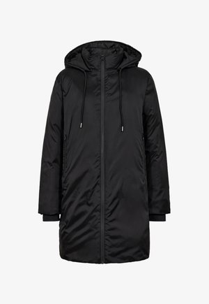 Zwarte gewatteerde parka met capuchon, heeft een ritssluiting aan de voorkant, trekkoorden en twee zijzakken. Glad, glanzend stof met een eenvoudig ontwerp.