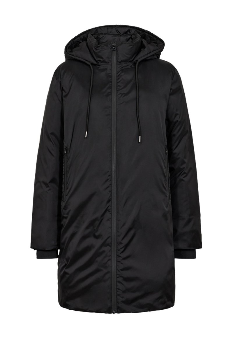 Zwarte gewatteerde parka met capuchon, heeft een ritssluiting aan de voorkant, trekkoorden en twee zijzakken. Glad, glanzend stof met een eenvoudig ontwerp.