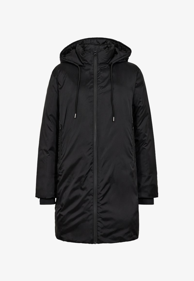 Zwarte gewatteerde parka met capuchon, heeft een ritssluiting aan de voorkant, trekkoorden en twee zijzakken. Glad, glanzend stof met een eenvoudig ontwerp.