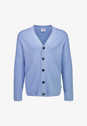 Lichtblauw geribd gebreid vest met V-hals en vijf zwarte knopen aan de voorkant, lange mouwen en een losse pasvorm.