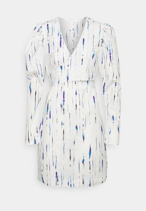 White long-sleeve dress with V-neck, puffed shoulders, and vertical blue, purple, and black brushstroke patterns.