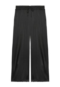 Černé kalhoty s širokými nohavicemi vyrobené z hladkého, lesklého materiálu. Mají elastický pas s šňůrkou a postranní kapsy pro větší pohodlí.