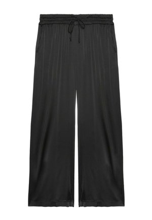 Pantalons larges noirs en tissu lisse et brillant. Dotés d'une taille élastique avec un cordon de serrage et de poches latérales pour plus de praticité.