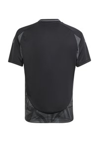 Kurzärmliges Sportshirt in solidem Schwarz, mit einem Netzrücken und dezenten geometrischen Mustern an den Seiten für Atmungsaktivität und Designdetails.