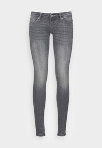 Vaqueros ajustados en denim gris oscuro deslavado, con un diseño clásico de cinco bolsillos, trabillas para cinturón y cierre de cremallera con botón.