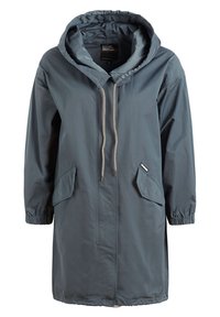 Wodoodporny, z kapturem, płaszcz w ciemnoszarym kolorze. Posiada zamek błyskawiczny z przodu, dwie boczne kieszenie oraz regulowany sznurek przy szyi i mankietach.