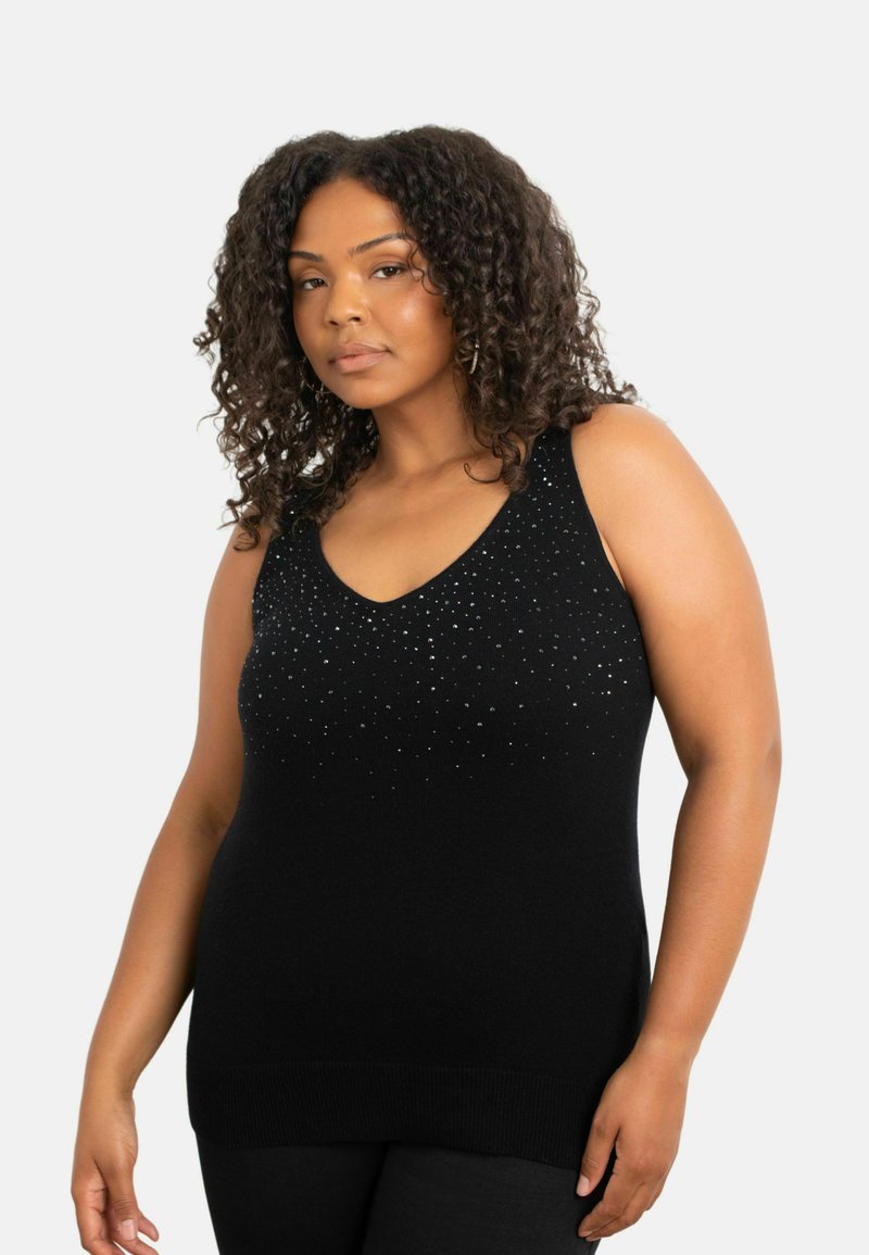 Svart ärmlös topp med V-ringning, prydd med en gradient av små rhinestones över framsidan, ribbad nederkant och mjukt material.