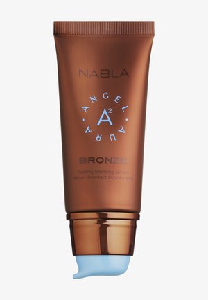 Bronze plastic tube with blue accents, featuring "NABLA ANGEL A² BRONZE" text and a pump dispenser. Contains healthy bronzing serum.