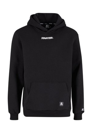 Haut à capuche noir en tissu doux, doté d'une poche kangourou, de poignets côtelés et d'un logo "STARTER" blanc sur la poitrine. Design classique.