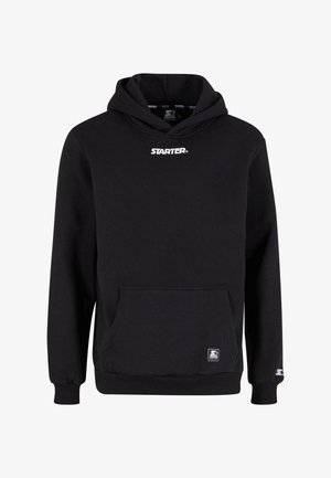 Haut à capuche noir en tissu doux, doté d'une poche kangourou, de poignets côtelés et d'un logo "STARTER" blanc sur la poitrine. Design classique.