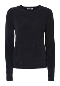 Schwarzer Pullover mit langen Ärmeln aus weichem, flauschigem Material, runder Halslinie und schmaler Passform, mit minimalen Nähten und einem klaren Design.