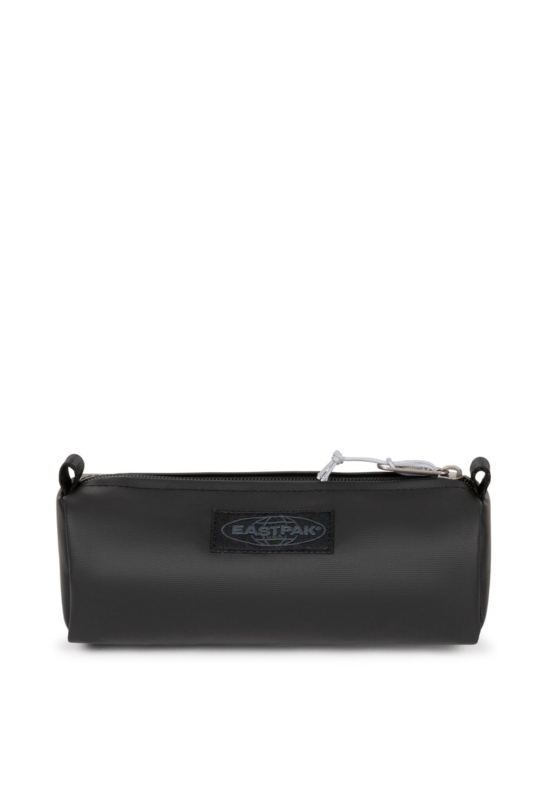 Black cylindrical pencil case made of durable fabric, featuring a top zipper closure and a logo patch. Textured matte finish and gray accents.