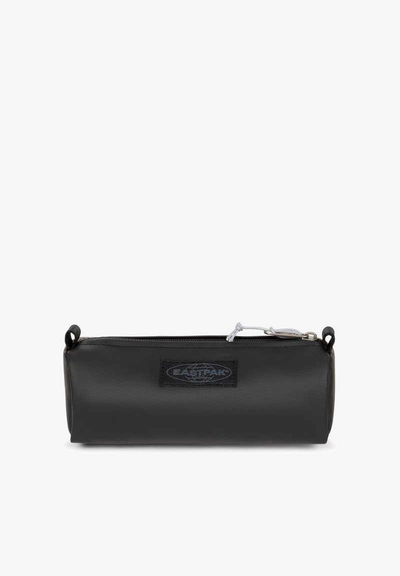 Black cylindrical pencil case made of durable fabric, featuring a top zipper closure and a logo patch. Textured matte finish and gray accents.