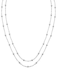 Silberfarbene mehrschichtige Halskette mit gedrehten Strängen und gleichmäßig verteilten sphärischen Akzenten, die mit einer polierten Oberfläche und zarter Textur versehen ist.