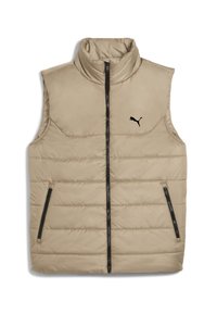 Beige ujjatlan puffervest magas gallérral, középső cipzárral, két cipzáras oldalzsebből és fekete logóból a bal mellen.