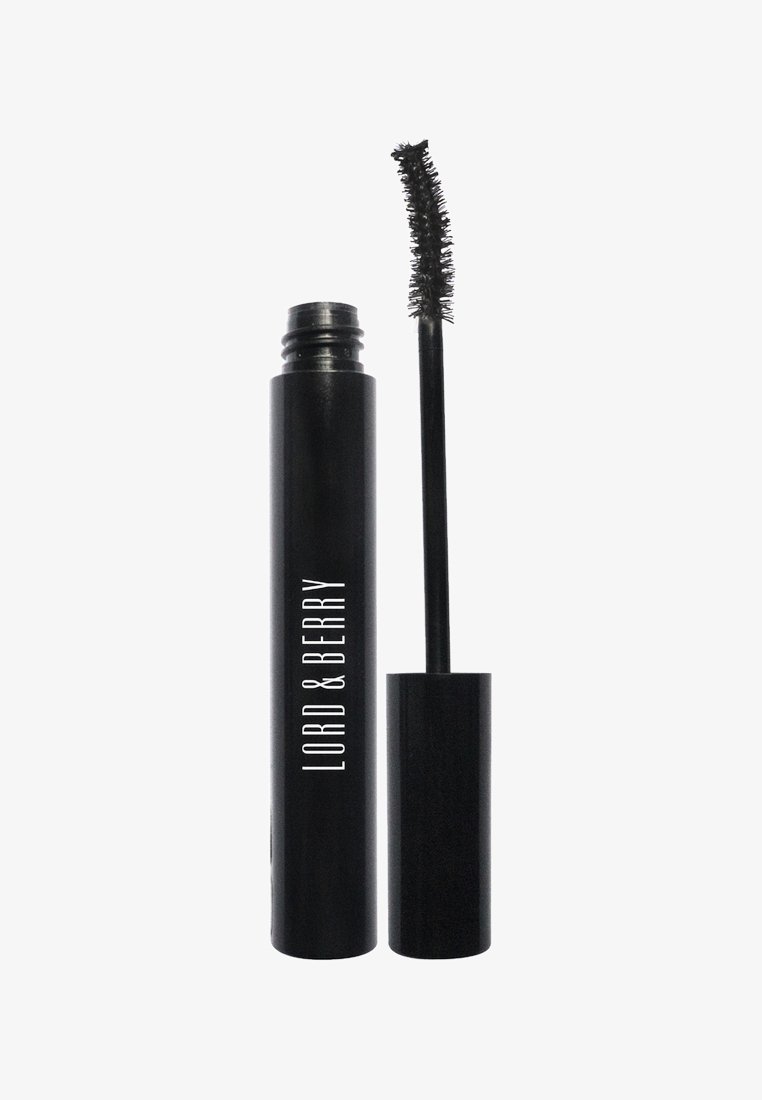 Tube de mascara noir avec applicateur brosse courbé, étiqueté "Lord & Berry" en texte blanc sur le tube.