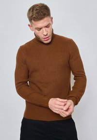 Pull à col roulé marron à côtes, au design ajusté, fabriqué en tissu texturé avec des manches longues et un col près du corps.