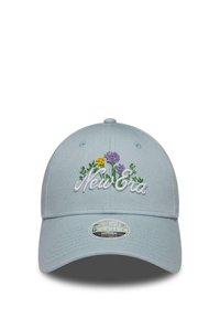 Light blue cap with an adjustable back, featuring embroidered flowers in purple and yellow and “New Era” stitched in white.