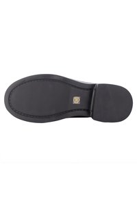 Semelle de chaussure en caoutchouc noir avec de fines rainures horizontales pour l’adhérence et une étiquette de taille 38 au centre.