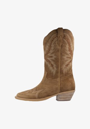 Bota de vaquero de ante marrón con costuras decorativas, una pestaña para tirar y un tacón apilado de madera.