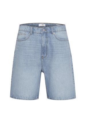 Shorts en denim bleu clair avec bouton à l'avant, fermeture éclair, passants pour ceinture et design à cinq poches, présentés sur un fond blanc.
