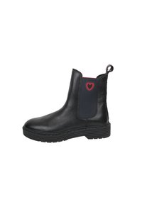 Bottines en cuir noir avec panneau latéral élastique, bout rond, semelle en caoutchouc et accent en forme de cœur rouge sur le côté. Fini texturé.