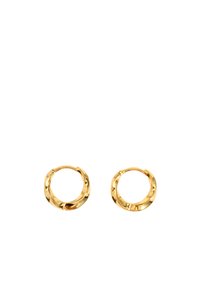 Pendientes de aro de oro con un diseño retorcido, que presentan una superficie brillante y suave, y una forma circular.