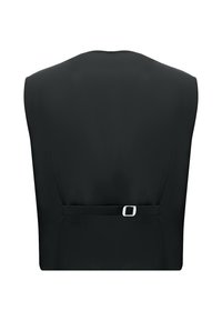 Prenda negra con textura suave, que presenta un diseño redondeado en la parte posterior y una hebilla en la cintura para ajuste y cierre.