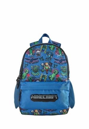 Blue Minecraft-themed backpack with pixelated character and Creeper graphics, front pocket, and mesh side pockets.