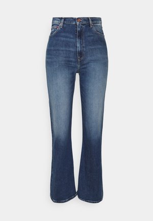 Blauwe denim jeans met hoge taille, voorste knoop- en ritssluiting, vervaging op de dijen en lichte uitlopende pijpen aan de zoom.